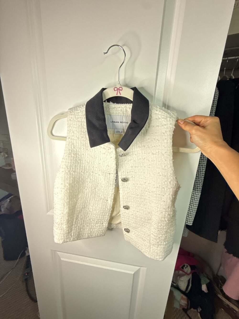 Urban Revivo White Tweed Vest with Black Contrast Collar and Silver Buttons